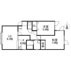 57㎡の2LDK。LD8.3帖・K3帖・和室7帖・洋室5.6帖。