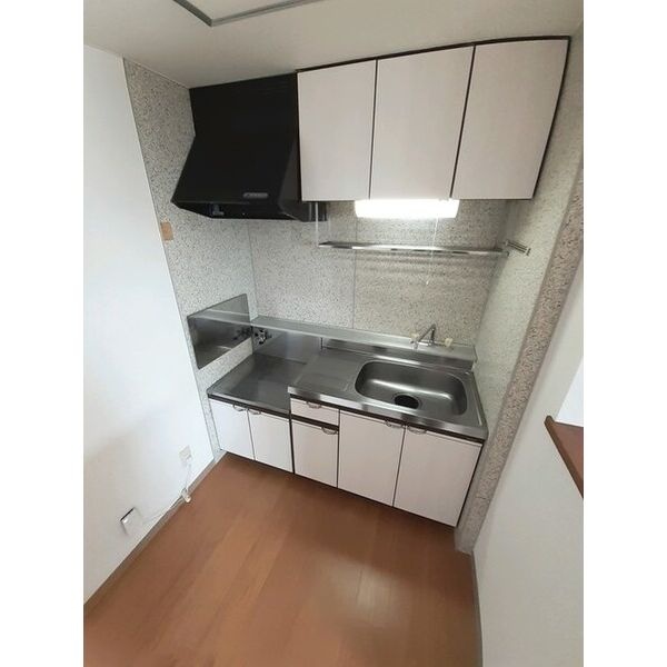 キッチン。吊戸棚と下部収納を備えています。