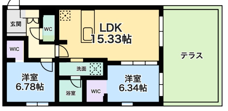 間取図 2LDK（LDK15.33帖・洋室6.78帖・6.34帖）