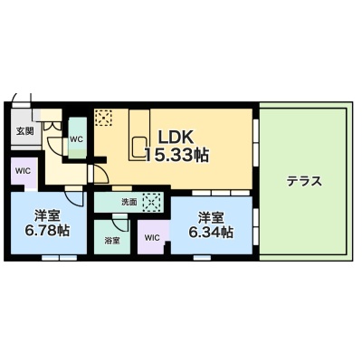 間取図 2LDK（LDK15.33帖・洋室6.78帖・6.34帖）