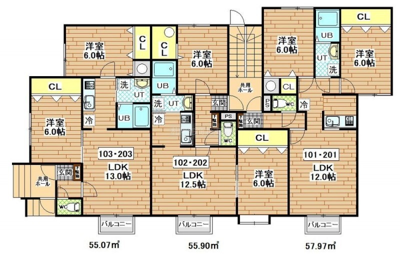 全室6帖以上のゆとりある2LDK。収納豊富で使いやすい間取り。