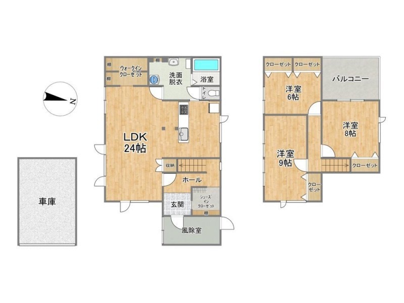 【間取図】1階が約24帖のLDK、2階が洋室3部屋、3LDKの間取りで…
