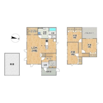 【間取図】1階が約24帖のLDK、2階が洋室3部屋、3LDKの間取りで…