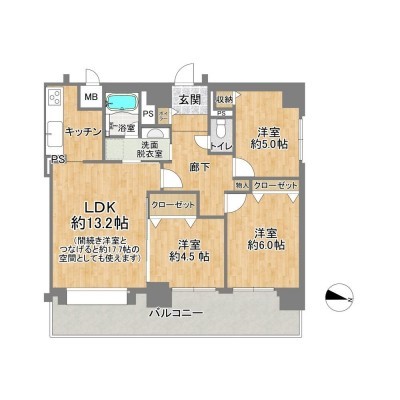 【間取図】LDK約13.2帖、北東側洋室約4.5帖、北東側洋室約6帖…