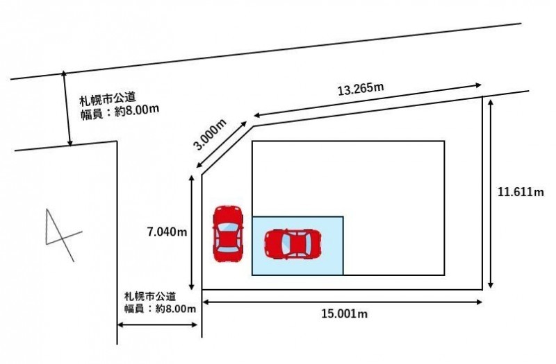 【敷地配置図】車庫１台と車庫前に１台の計２台駐車可能です。