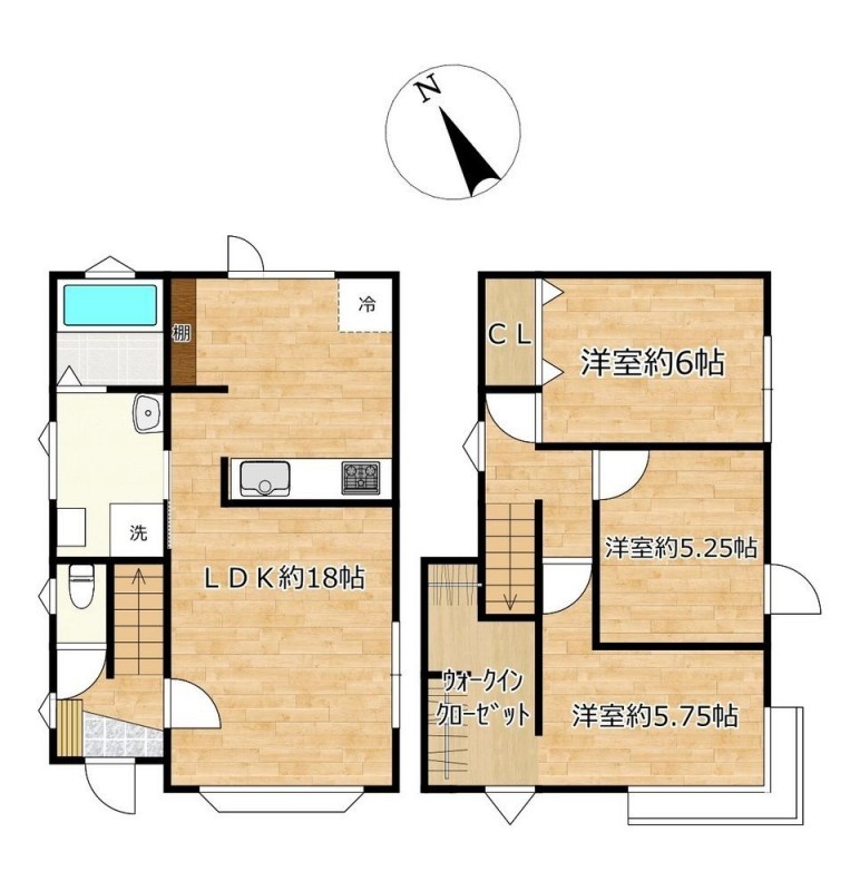 【リフォーム後間取図】1階LDKは拡張、2階居室は2部屋から3部…