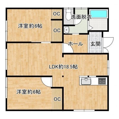 【間取図】間取りは2LDKの平屋です。対面キッチンで開放感のあ…