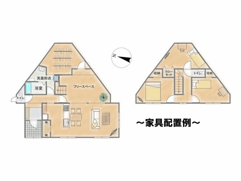 家具配置例です。1階のフリースペースはお子さんのスタディー…