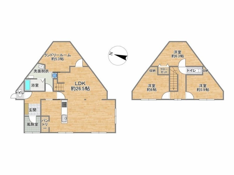 【リフォーム後間取図】3SLDKの2階建て。1階は約26.5帖LDK、ラ…