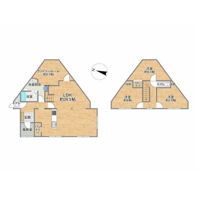 【リフォーム後間取図】3SLDKの2階建て。1階は約26.5帖LDK、ラ…