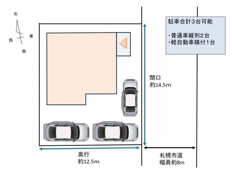 【区画図】駐車場を造作し、普通車縦列2台、軽自動車横付け1台…