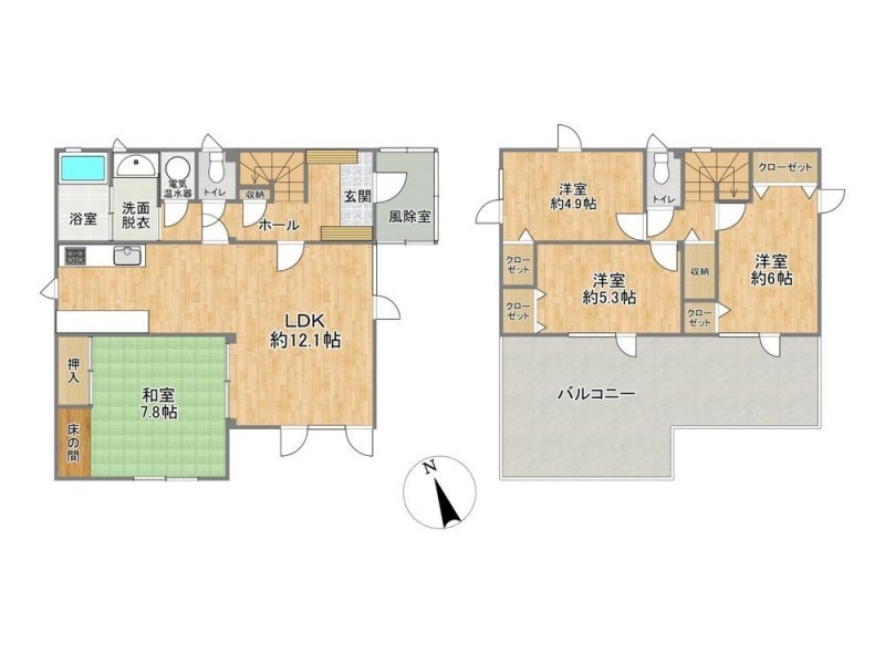 【間取図】1階居室あり、2階が3部屋で全部屋収納付きの間取り…