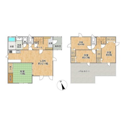 【間取図】1階居室あり、2階が3部屋で全部屋収納付きの間取り…