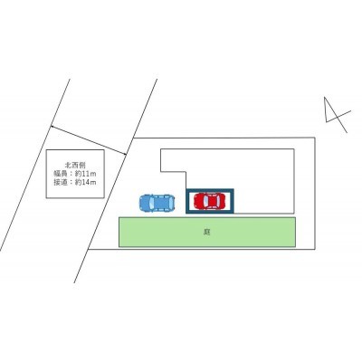 【区画図】区画図です。組込車庫内に1台、車庫前に1台の計2台…