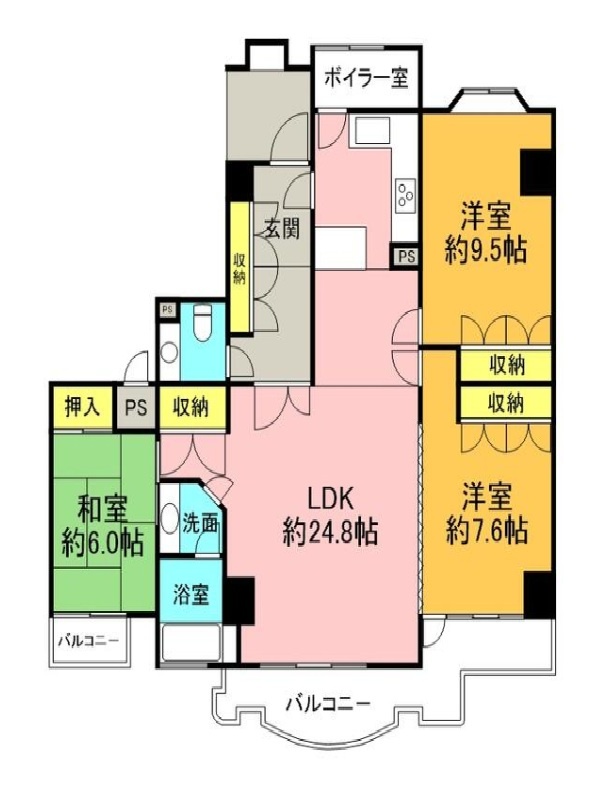 広々とした約24.8畳のLDKと、収納が充実したゆとりのある3LDK。各居室が独立しプライベートも快適です。