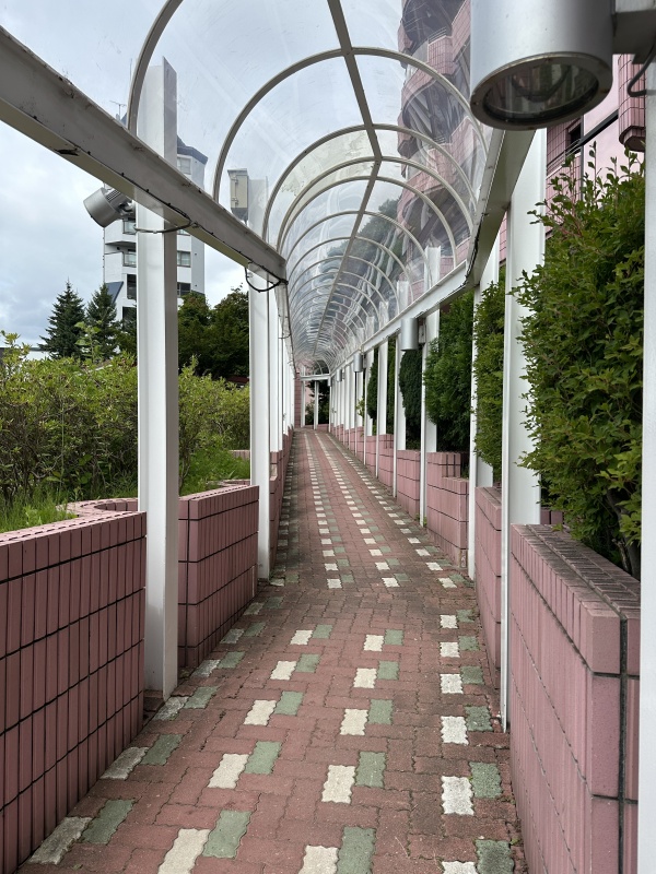 緑と調和するアーチ状の屋根付きアプローチ。雨の日でも濡れずに快適に行き来できる美しい通路です。