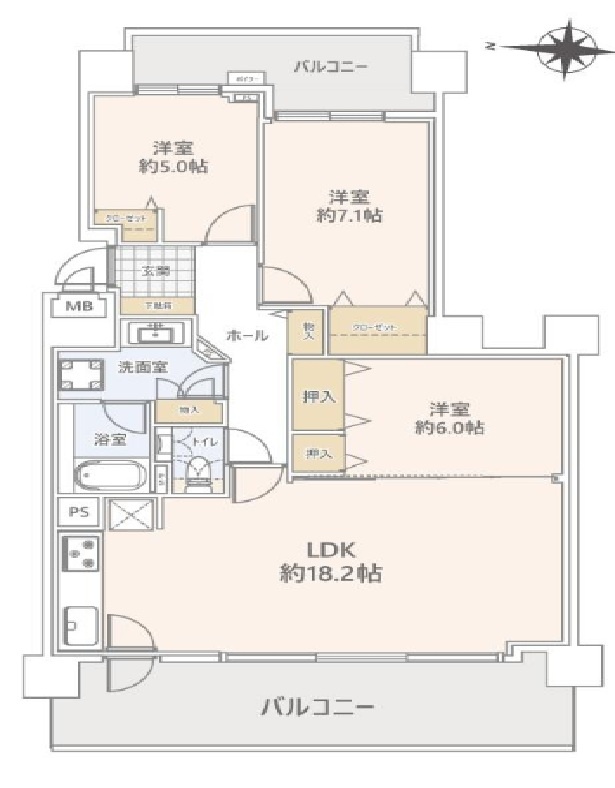 専有82.61㎡の3LDK。西と東に2面バルコニーの間取り図