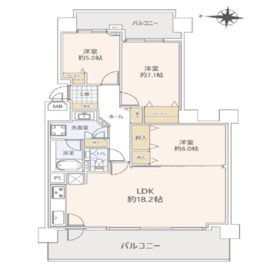 専有82.61㎡の3LDK。西と東に2面バルコニーの間取り図