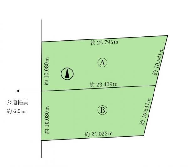 A・B各区画とも間口約10mを確保。2筆一体利用で、より自由