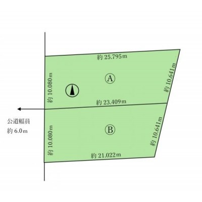 A・B各区画とも間口約10mを確保。2筆一体利用で、より自由