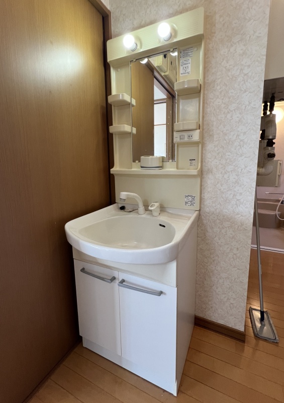 シャワー付き水栓で髪のお手入れやボウルのお掃除も楽々！明るい照明付きで朝の身支度が快適にこなせます。