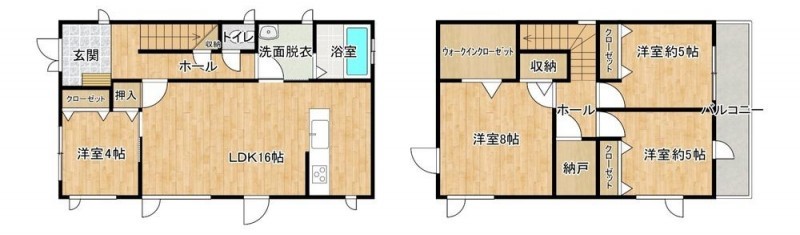 【間取り図】間取りは4LDKの二階建てです。南面バルコニー付き…
