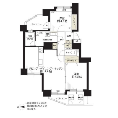 最上階・角部屋！ゆとりのある64平米・2LDKの間取りです。