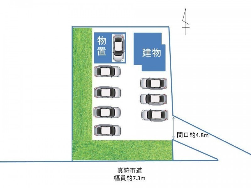 【敷地図】アスファルト舗装のある駐車スペースに駐車7台と、…