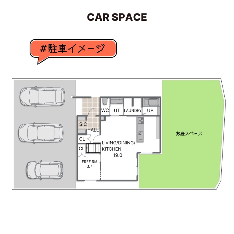 駐車3台可能。広々したお庭用スペースもあってアウトドアも楽しめます。