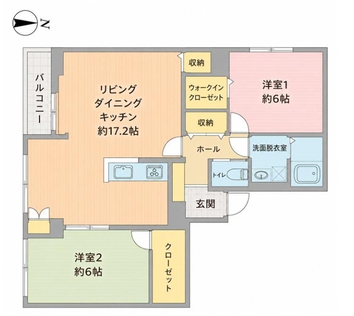 WICや廊下収納など収納力抜群！対面キッチンが家族の会話を育む快適な2LDK