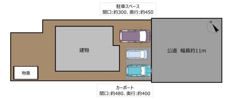 【敷地図】車種によりますが、並列3台駐車可能です。