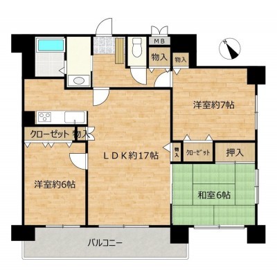 【現況__間取図】南西、南東向きの角部屋で3LDKの間取となって…