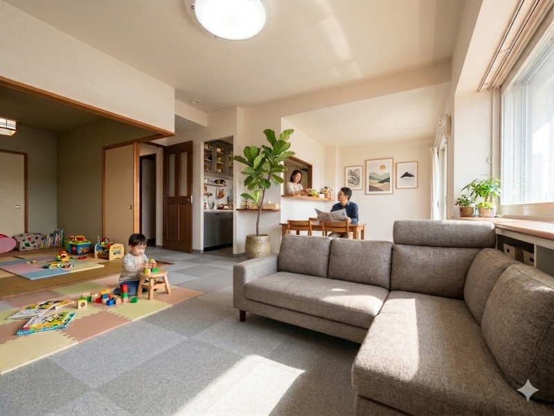 西向きLDK約16帖。※家具設置合成写真です。写真の家具等は含まれません。