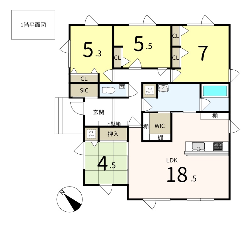 平家延床30坪の4LDK、対面型キッチン、回遊型導線、WIC＆SIC収納充実の住宅です。
