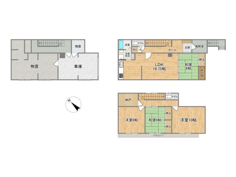 【間取図】1階1LDK、2階3部屋、納戸のある４SLDKです。上下階…