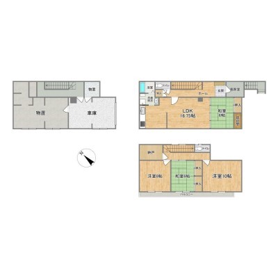 【間取図】1階1LDK、2階3部屋、納戸のある４SLDKです。上下階…