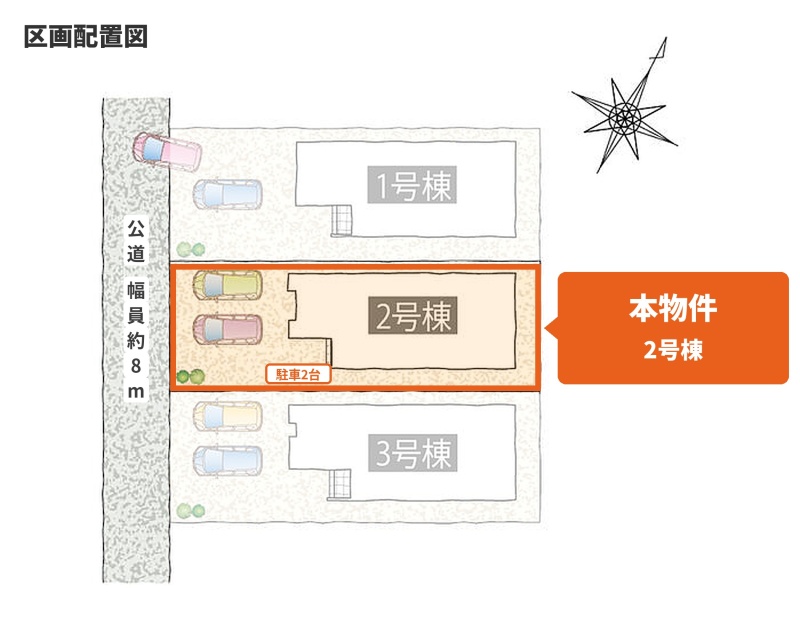 区画配置図（本物件は2号棟）・駐車2台可