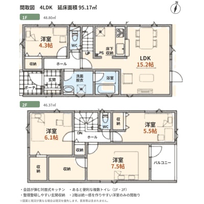 間取図 4LDK（1F:48.80㎡・2F:46.37㎡）