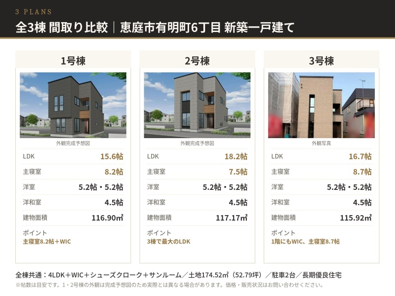 全3棟 間取り比較表（当社作成）