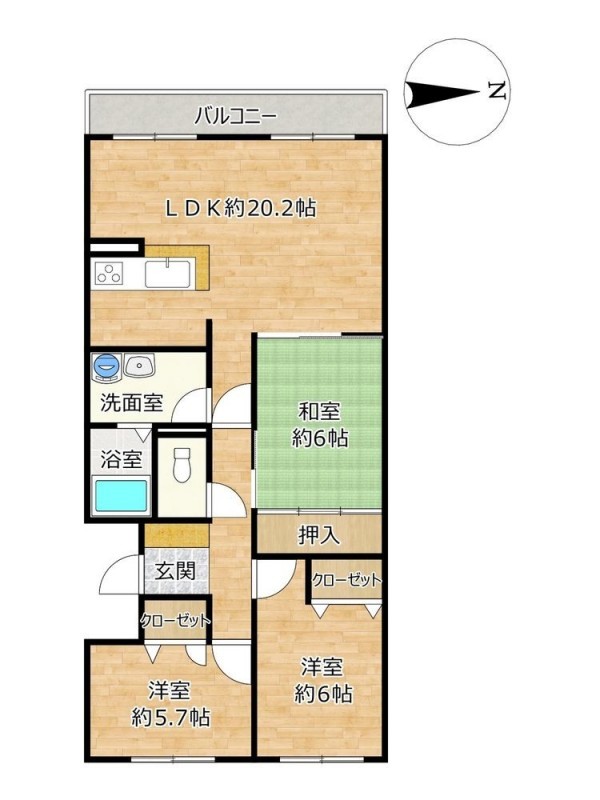 【間取り図】LDK約20.2帖、和室１部屋、洋室２部屋の３LDKのマ…