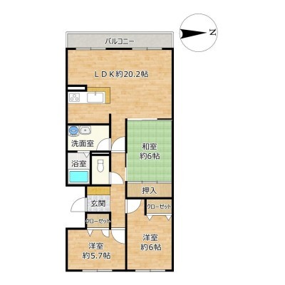 【間取り図】LDK約20.2帖、和室１部屋、洋室２部屋の３LDKのマ…