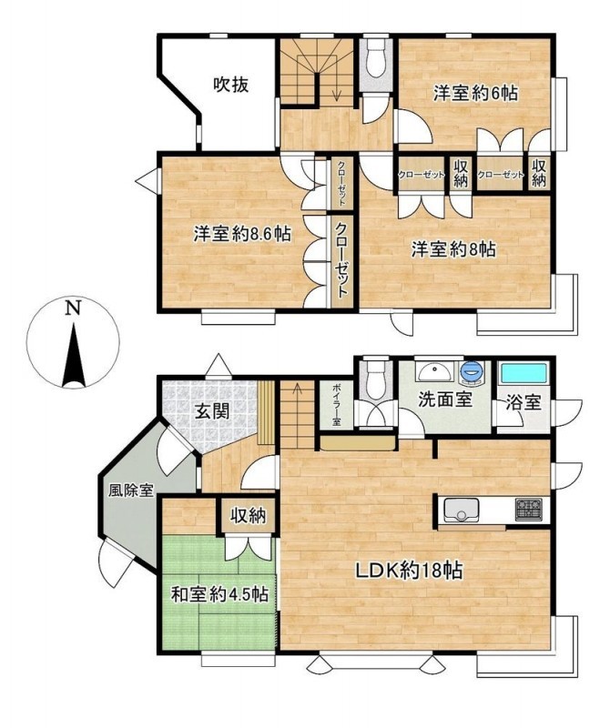 【間取り図】1階1LDK、2階3部屋の4LDKです。1階2階にトイレが…