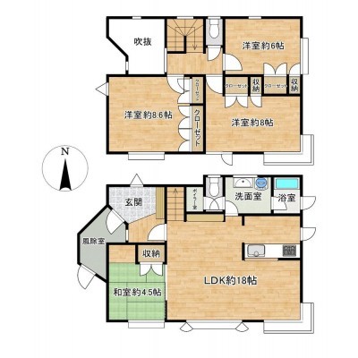 【間取り図】1階1LDK、2階3部屋の4LDKです。1階2階にトイレが…