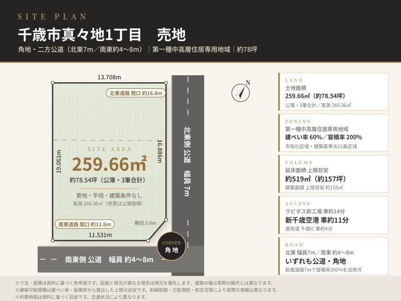 区画図｜北東7m・南東約4〜8m公道の角地