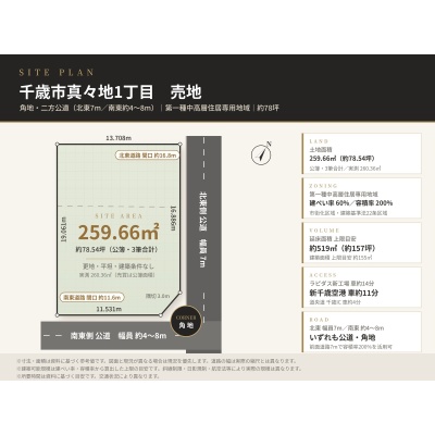 区画図｜北東7m・南東約4〜8m公道の角地