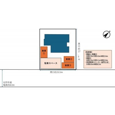 【敷地配置図】敷地配置図です。車庫３台分、前面駐車スペース…
