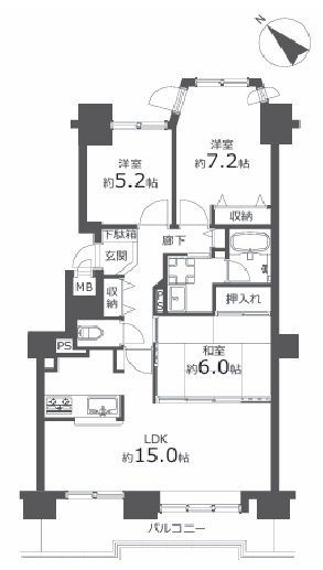 約15帖の広々としたLDKを中心に、各居室と収納を確保した、使い勝手の良い3LDKの間取りです。