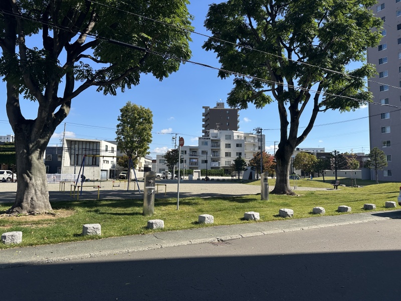 青空のもと大きな木々に囲まれ、広々としたスペースと遊具でゆったり寛げる緑豊かな公園です。