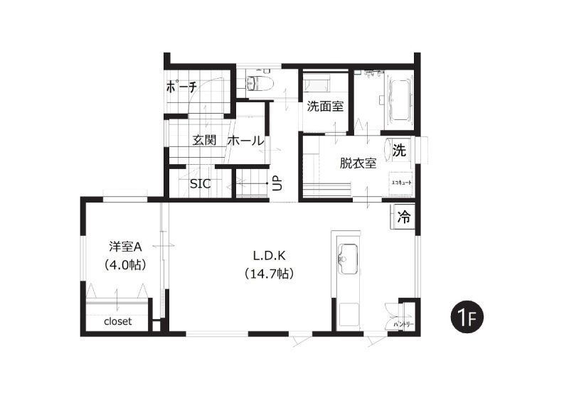 【1階間取図】
2WAY動線で移動しやすい脱衣室は、家事スペースも兼ねられるゆとりある広さです。