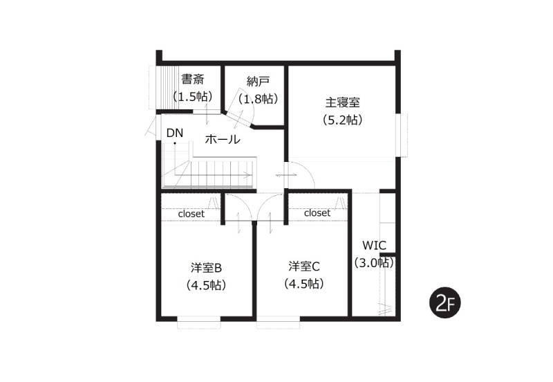 【2階間取図】
多目的に利用できる納戸や書斎付き！ライフスタイルに合わせた使い方ができます。